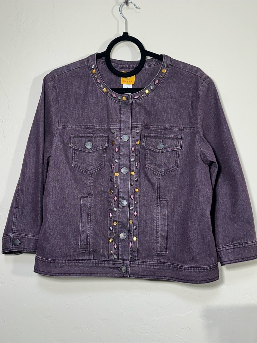 Ruby Rd Purple Embellished Denim Jacket Jeweled Studded Crewneck Size 16